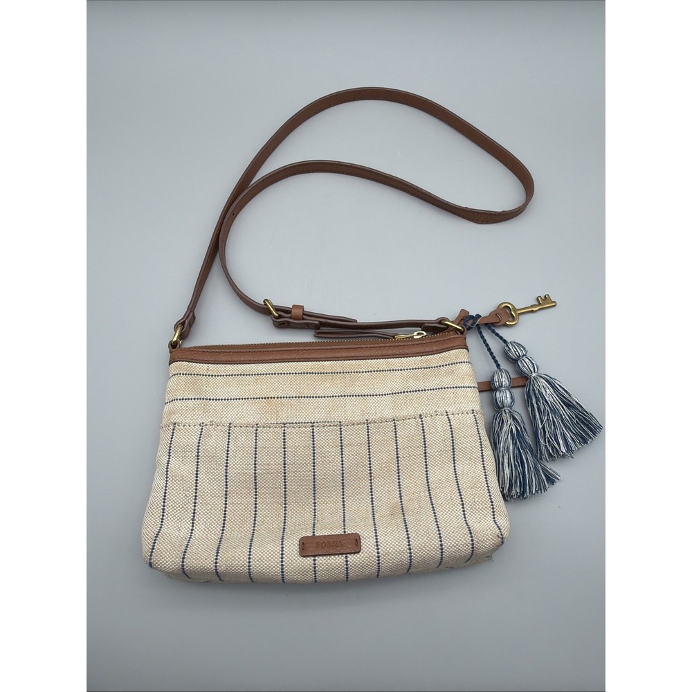Fossil Fiona Woven Beige Leather Classy Hipster Crossbody Purse Handbag  10"x 7"